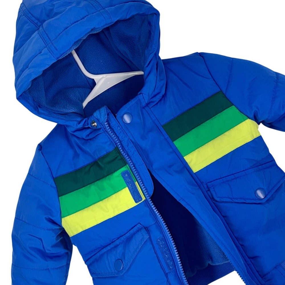 Cat & Jack Boys Blue Striped Hooded Puffer Jacket Fleece Lined 18M